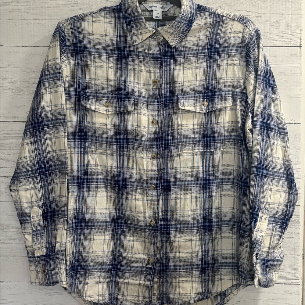 Old Navy Plaid Flannel Shirt Women's XS (Fits like a Small) Blue White - Picture 3 of 7